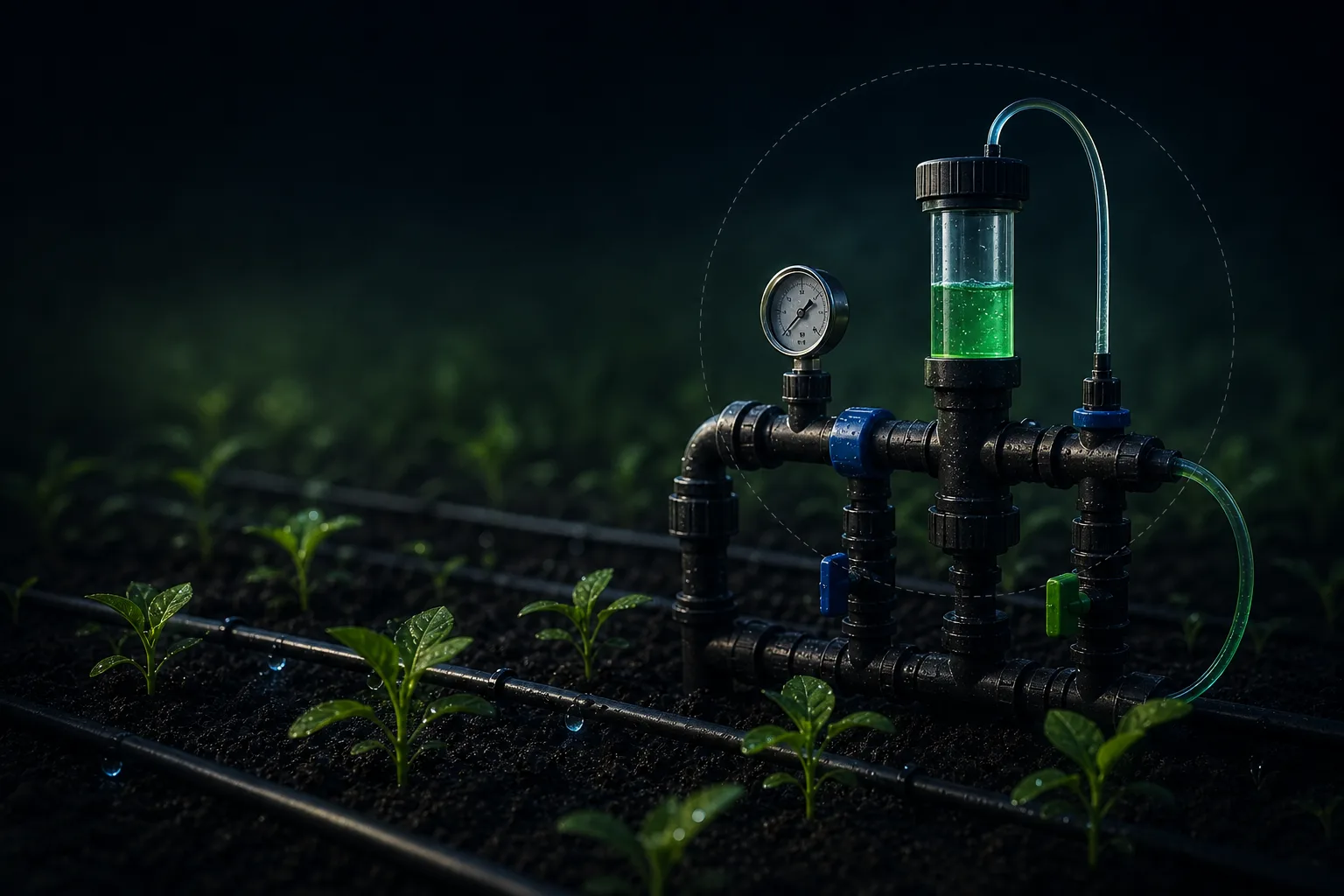 Sistema de fertirriego con dosificador, goteo y cultivo en campo