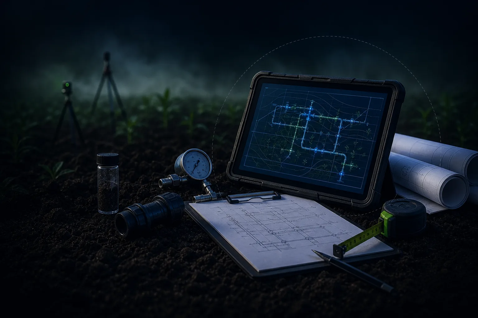 Herramientas de consultoría técnica con planos hidráulicos y medición en campo